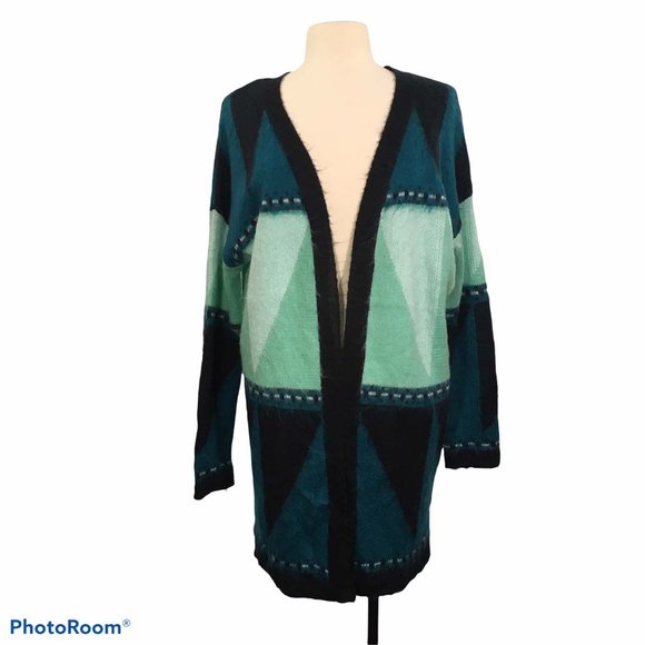 Rue 21 Geometric Blue Long Open‎ Front Cardigan Sweater, Fuzzy, Large - Picture 1 of 8